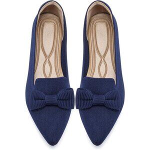 Women Mesh Ballet Blue Flats Bow Pointed Toe Comfortable Dress Shoes for Work